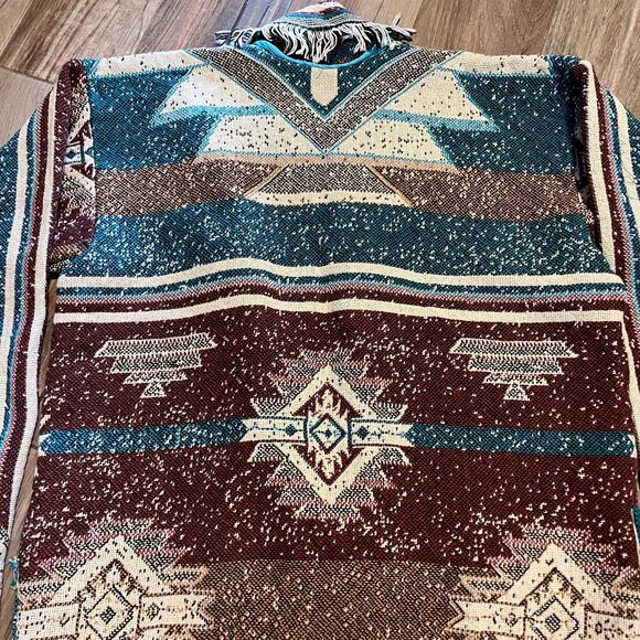 Aztec Wrapper Native American Indian Vintage Tapestry Fringe Sweater NWOT - Picture 9 of 12